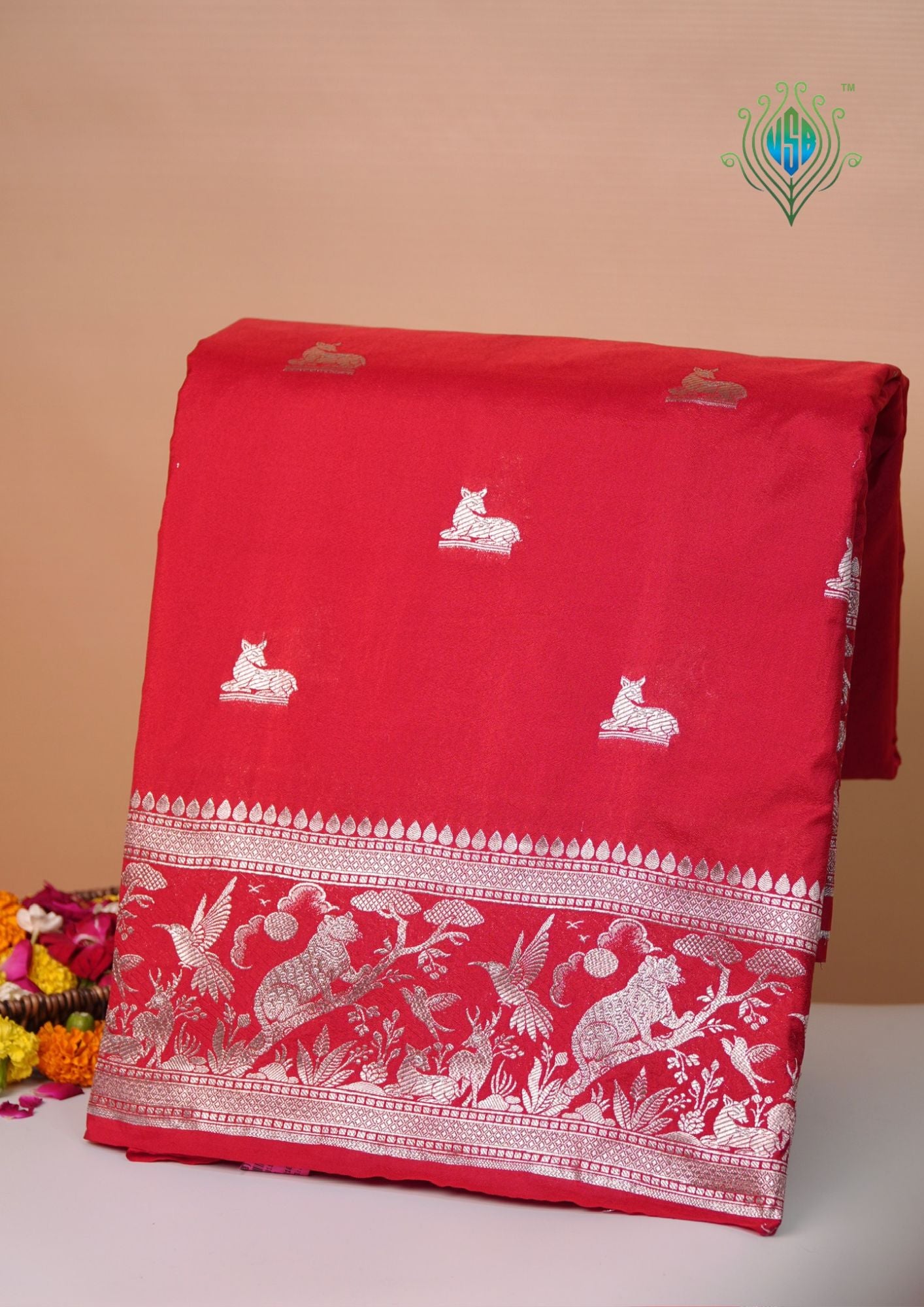 Waah Banaras 180B: Rich Red Semi Katan Silk Saree With Beautiful Bird Border
