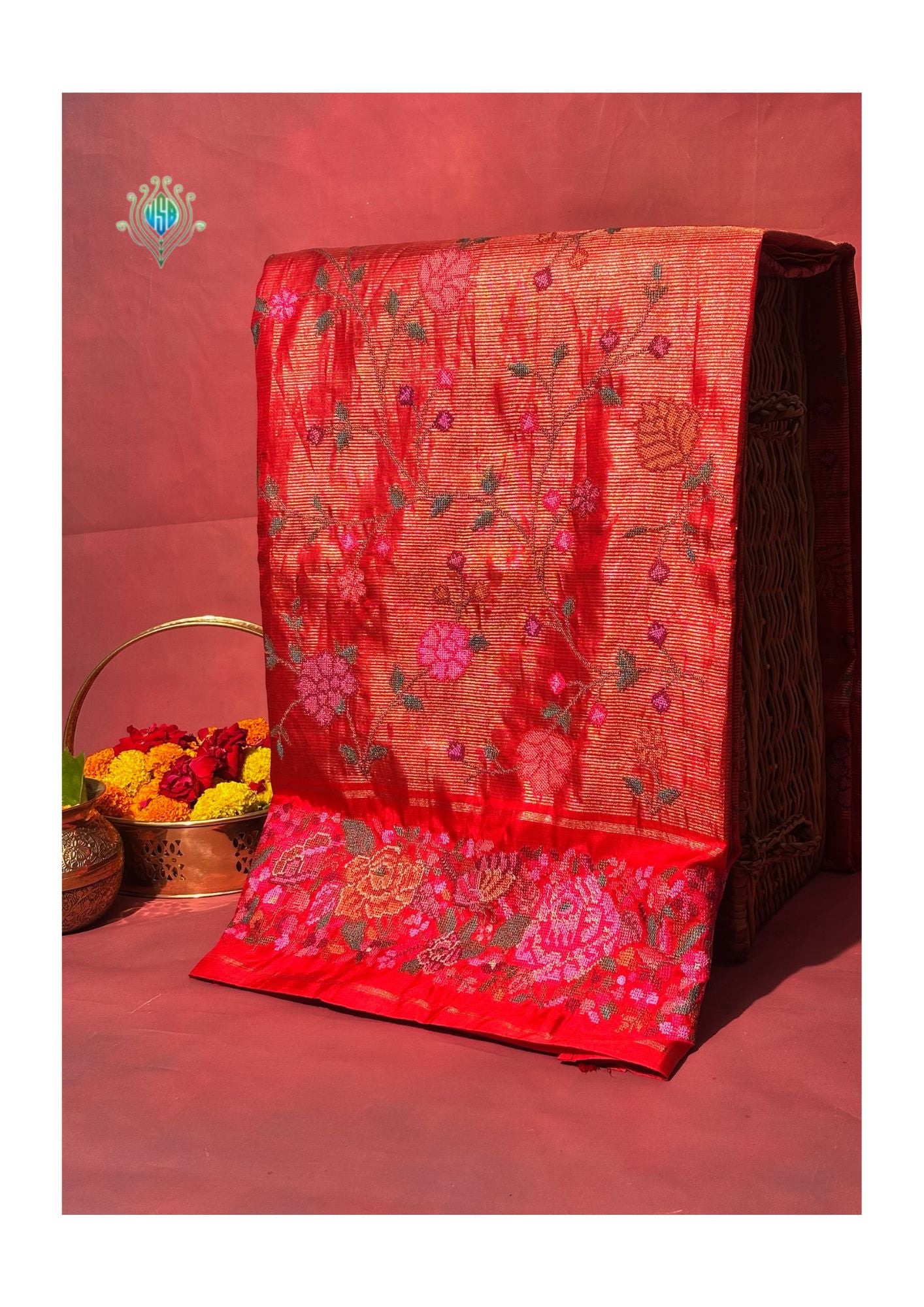 Founder Choice 059: Surkh Laal Pure Kanjivaram Silk Saree with Cross Stitch Handwork | Silk Mark Certified