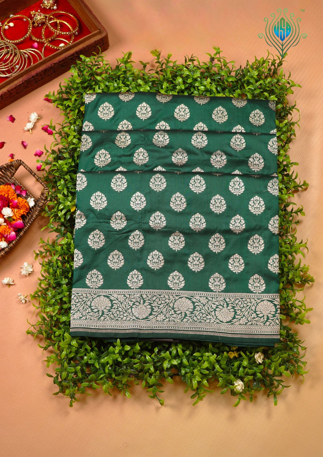 VIRASAT 430: Bottle Green Pure Handloom Katan Silk Saree with Gold Zari Buta &amp; Traditional Banarasi Border