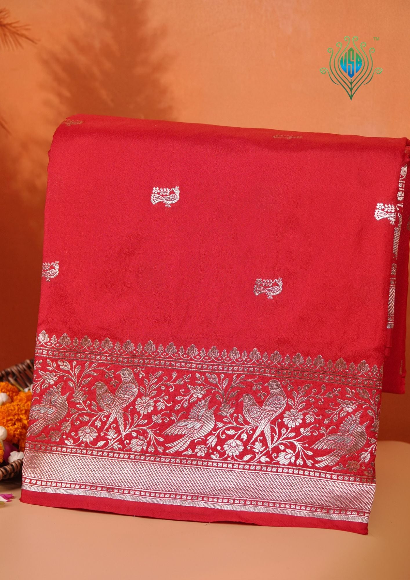 Waah Banara 181B: Regel Red Semi Katan Silk Saree With Beautiful Bird Border