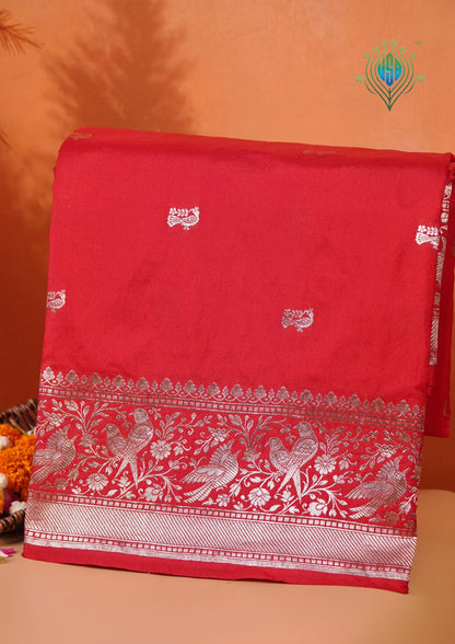 Waah Banara 181B: Regel Red Semi Katan Silk Saree With Beautiful Bird Border