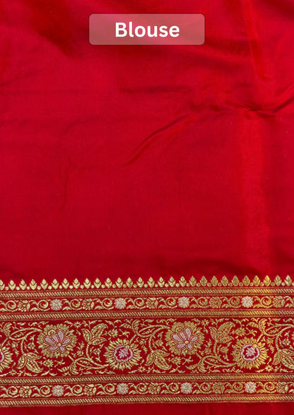 WAAH BANARAS 163B: Redish Pink Satin Mashru Silk Saree with Sona Rupa Zari Stripes, Resham Weaving &amp; Floral Border (Copy)