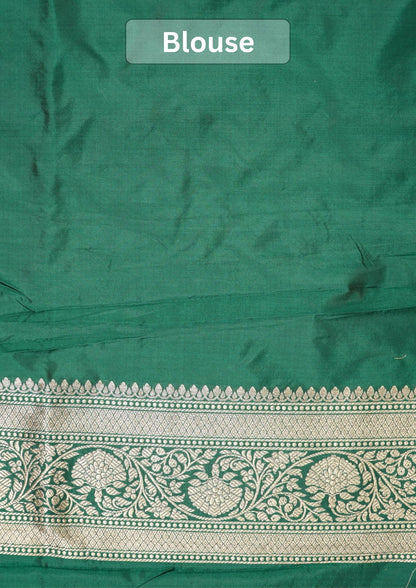 VIRASAT 430: Bottle Green Pure Handloom Katan Silk Saree with Gold Zari Buta &amp; Traditional Banarasi Border