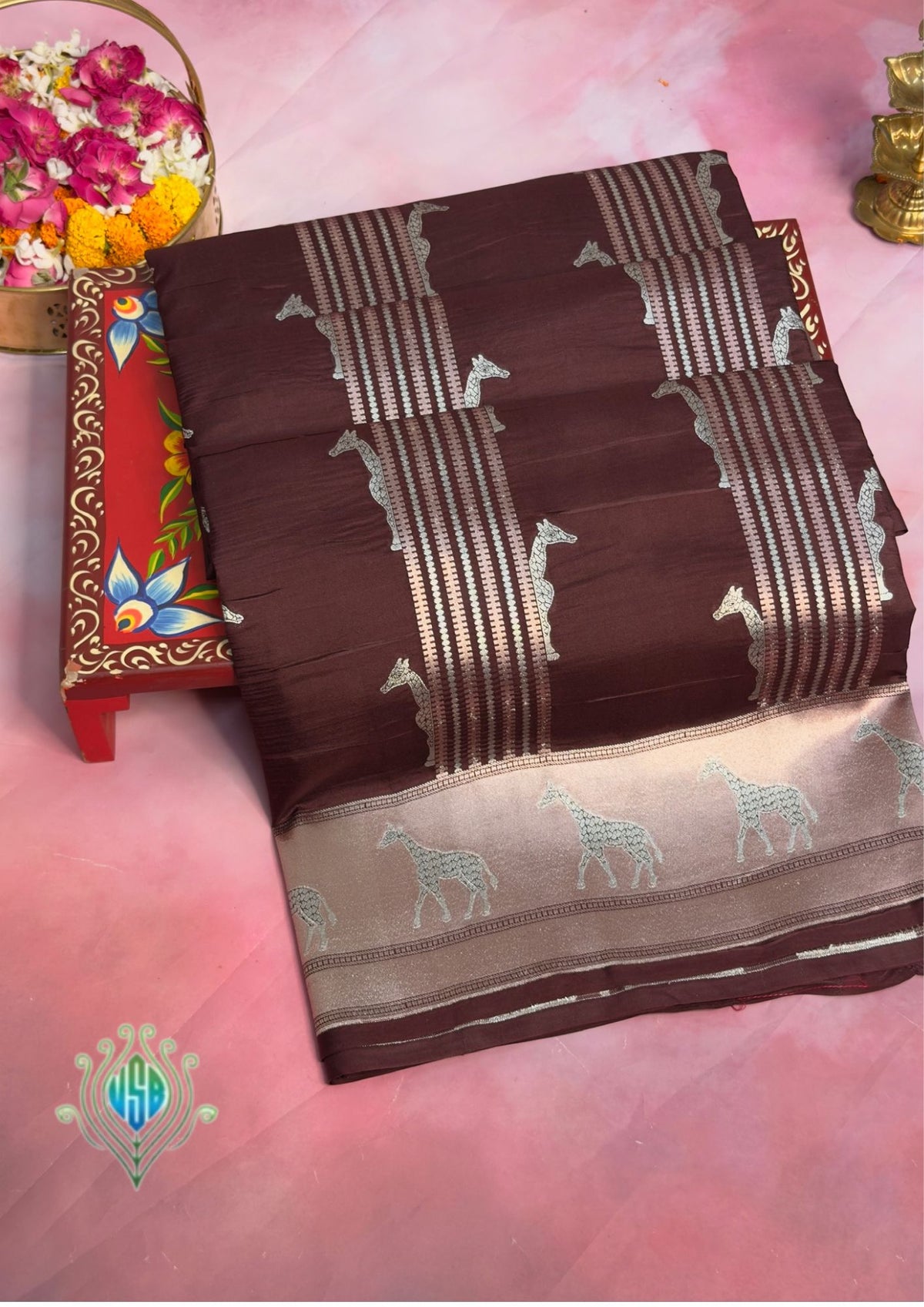VIRASAT 365: Deep Coffee Pure Katan Silk Saree with Gold &amp; Copper Zari Animal Stripe Design