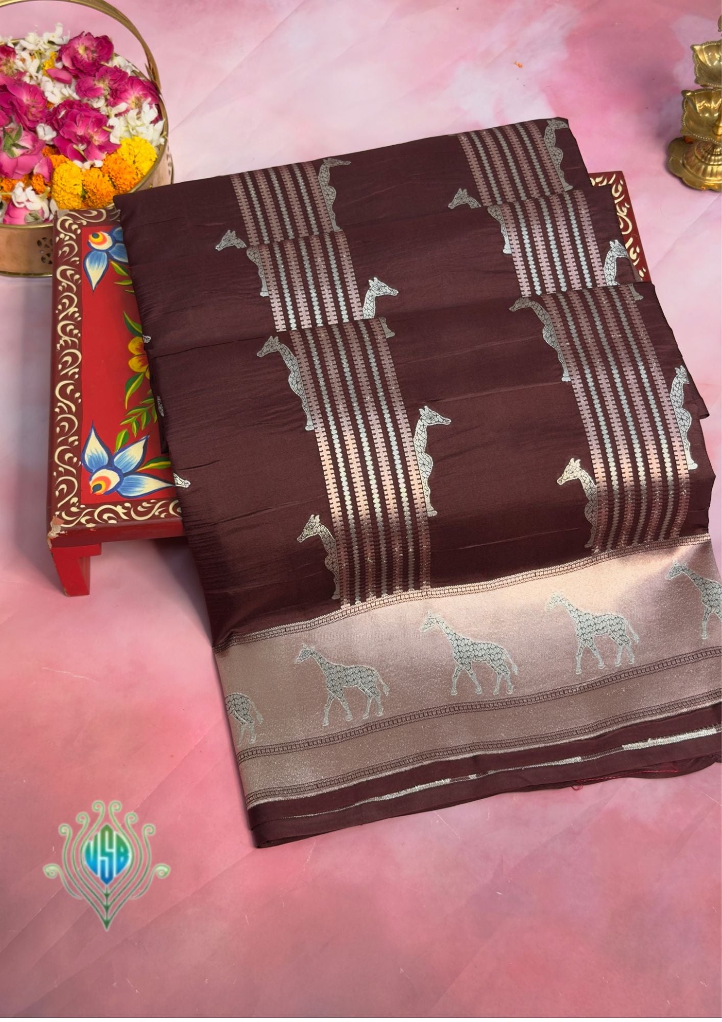 VIRASAT 365: Deep Coffee Pure Katan Silk Saree with Gold &amp; Copper Zari Animal Stripe Design