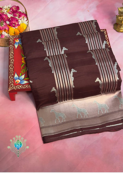 VIRASAT 365: Deep Coffee Pure Katan Silk Saree with Gold &amp; Copper Zari Animal Stripe Design