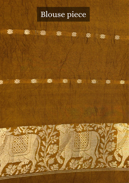 VIRASAT 369: Ochre Yellow Pure Mashru Silk Saree with Zari Animal Motifs