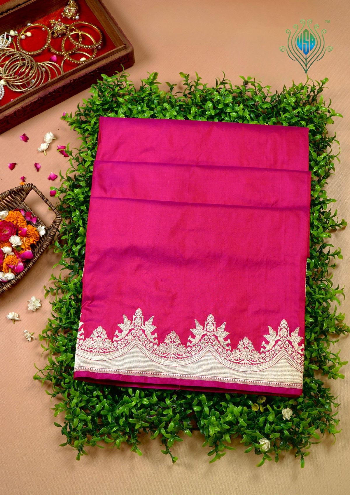 VIRASAT 445:Peachy Pink Dual Shade Pure Katan Silk Saree with Kadwa Zari Scallop Border | Silk Mark Certified
