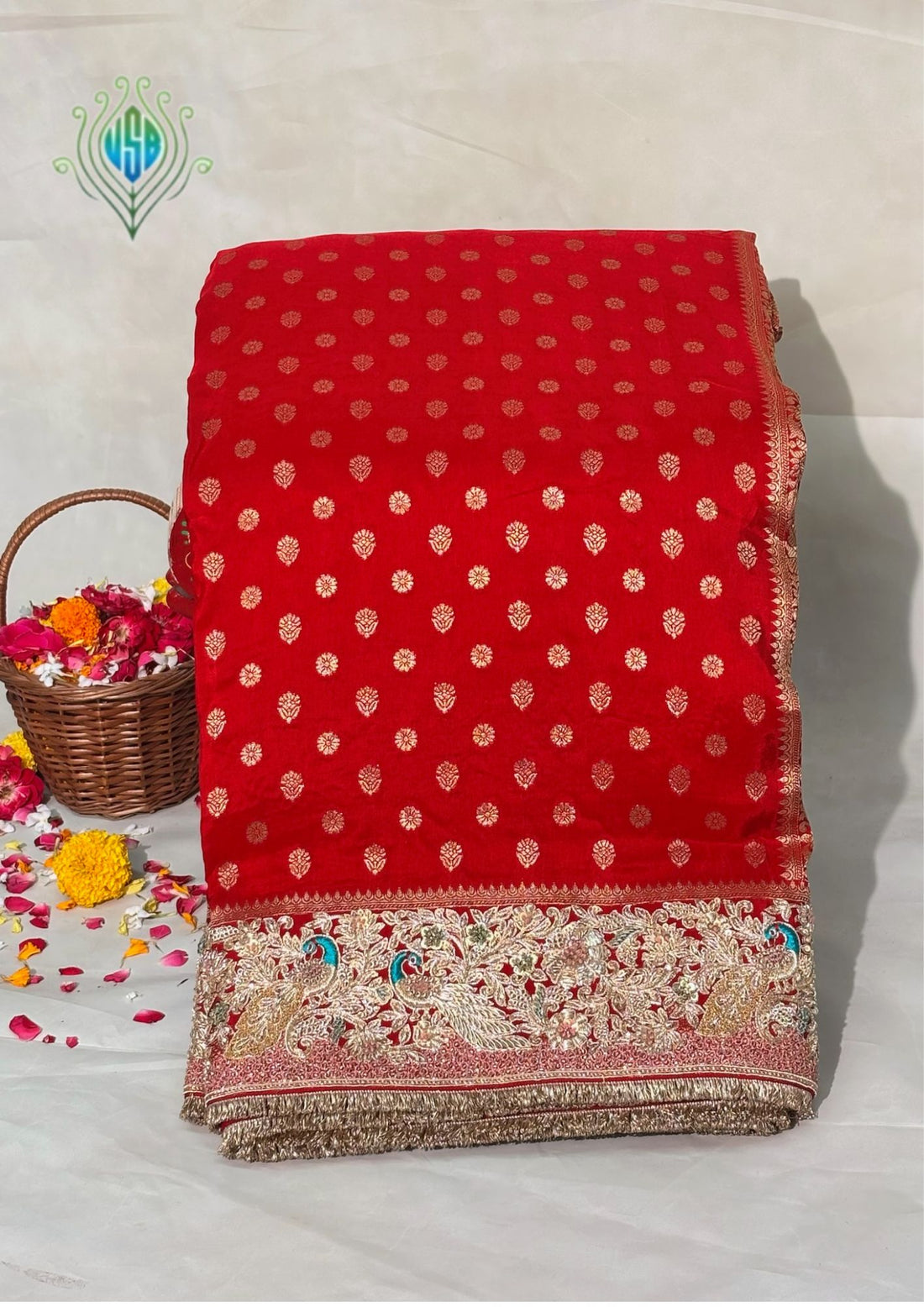 VIRASAT 389: Royal Red Pashmina Silk Saree with Meenakari Parsi Work &amp; Zardozi Handwork