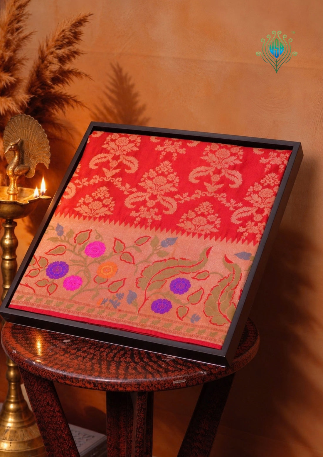VIRASAT 375: Cherry Red Pure Handloom Katan Silk Saree with Meenakari Border &amp; Pallu (Silk Mark Certified)