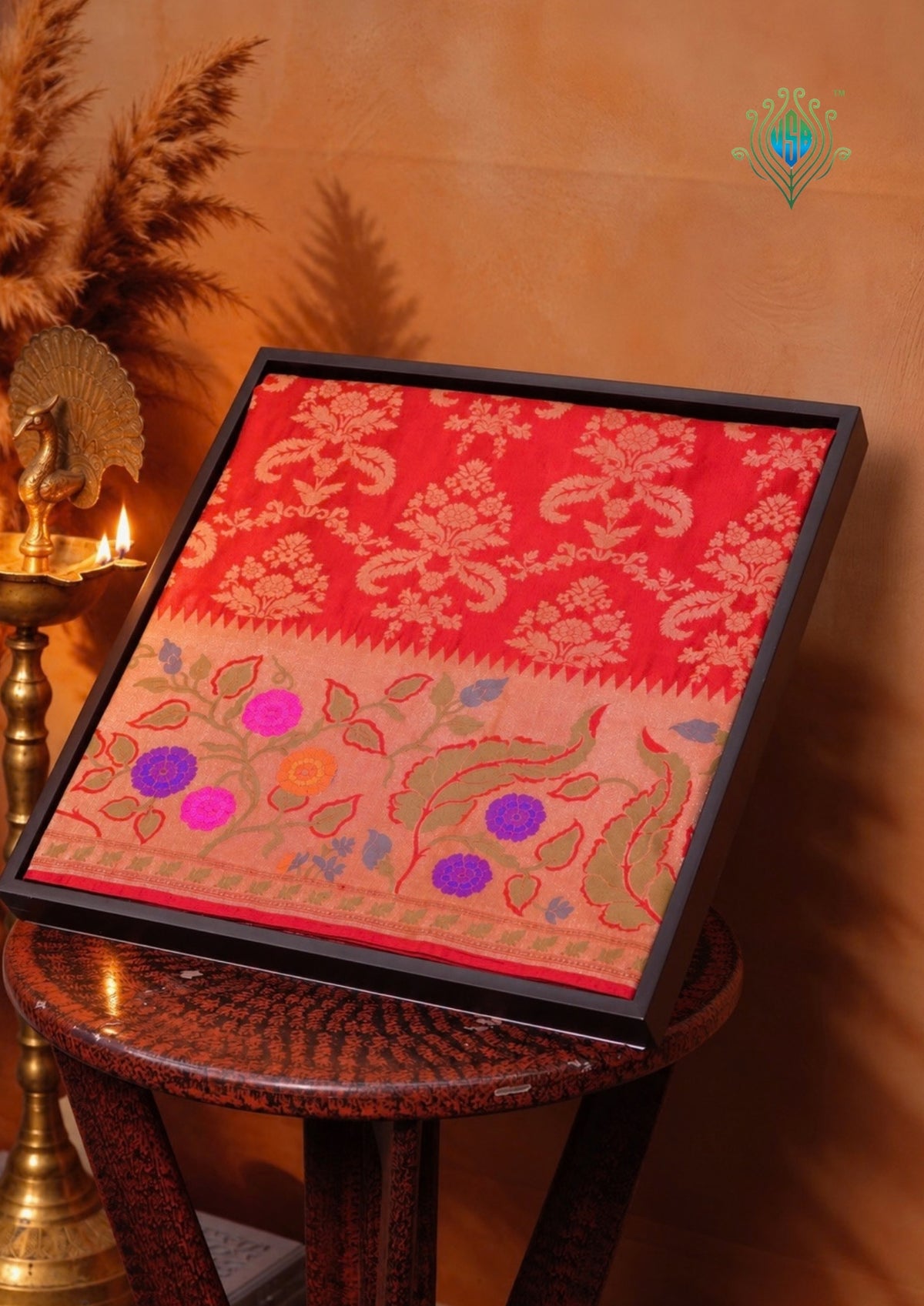 VIRASAT 375: Cherry Red Pure Handloom Katan Silk Saree with Meenakari Border &amp; Pallu (Silk Mark Certified)
