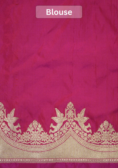 VIRASAT 445:Peachy Pink Dual Shade Pure Katan Silk Saree with Kadwa Zari Scallop Border | Silk Mark Certified