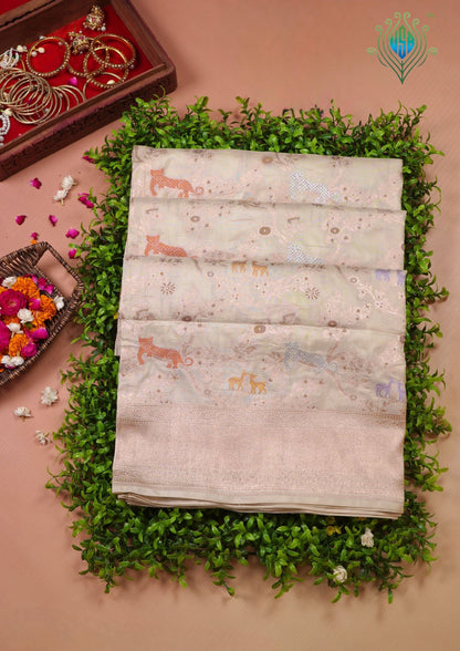VIRASAT 434A: Silk Mark Certified Ivory White Pure Handloom Katan Silk Saree with Kadwa Sikargah Zari Jaal &amp; Meenakari Weaving