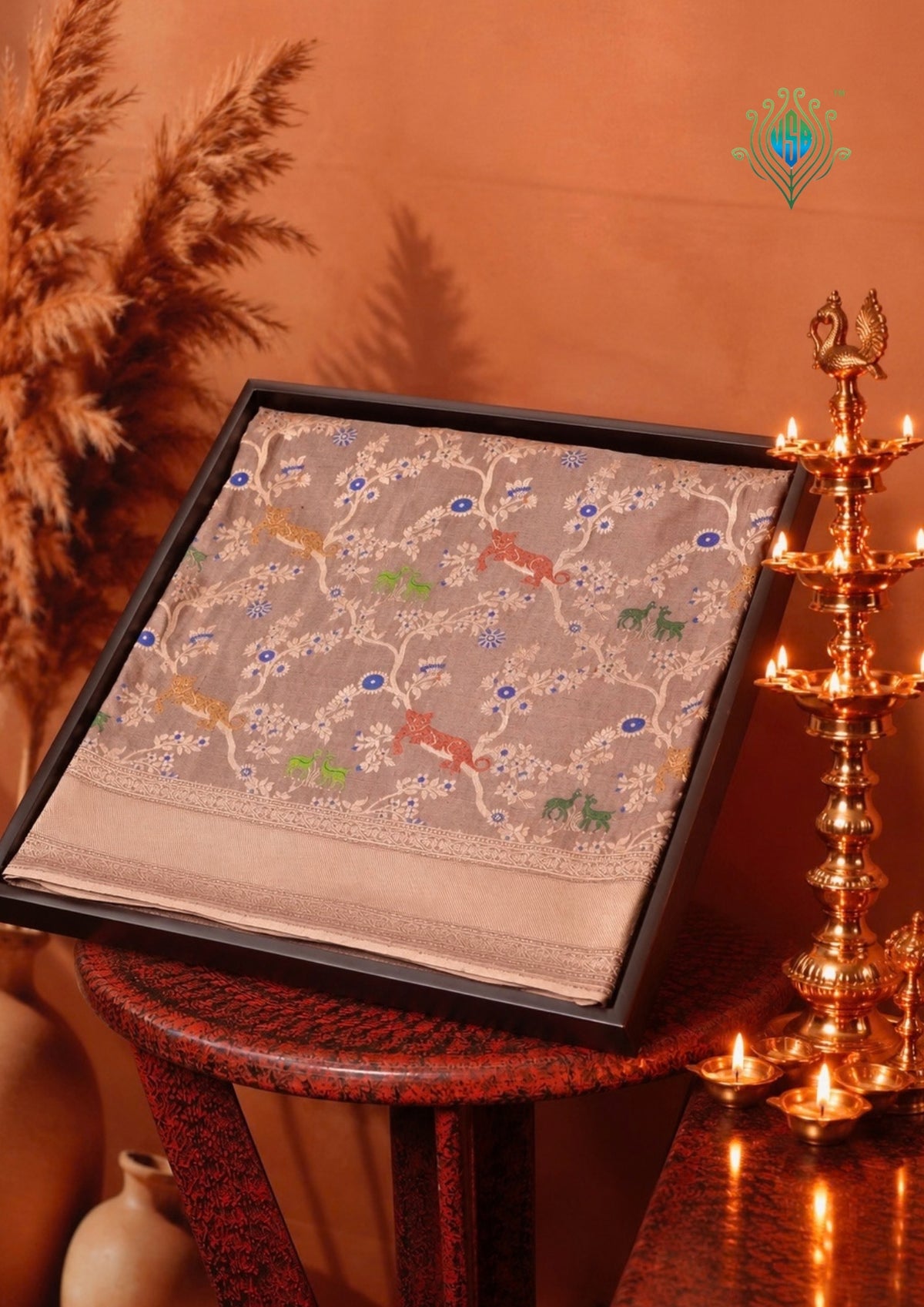 VIRASAT 434: Silk Mark Certified Taupe Brown Pure Handloom Katan Silk Saree with Kadwa Meenakari Sikargah Zari Jaal