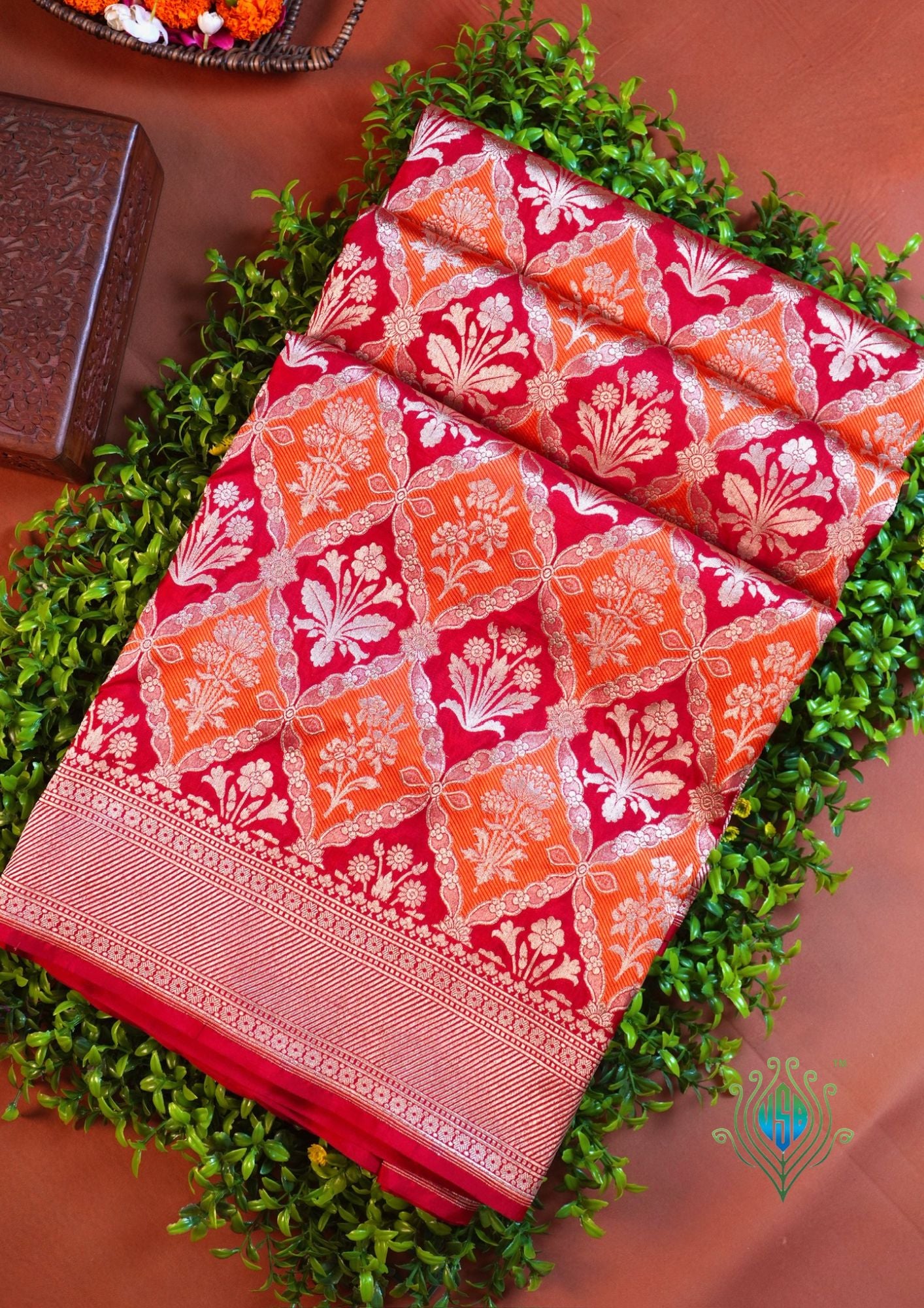 VIRASAT 427B: Silk Mark Certified Rust Orange Pure Handloom Silk Saree with Kadwa Zari Weaving
