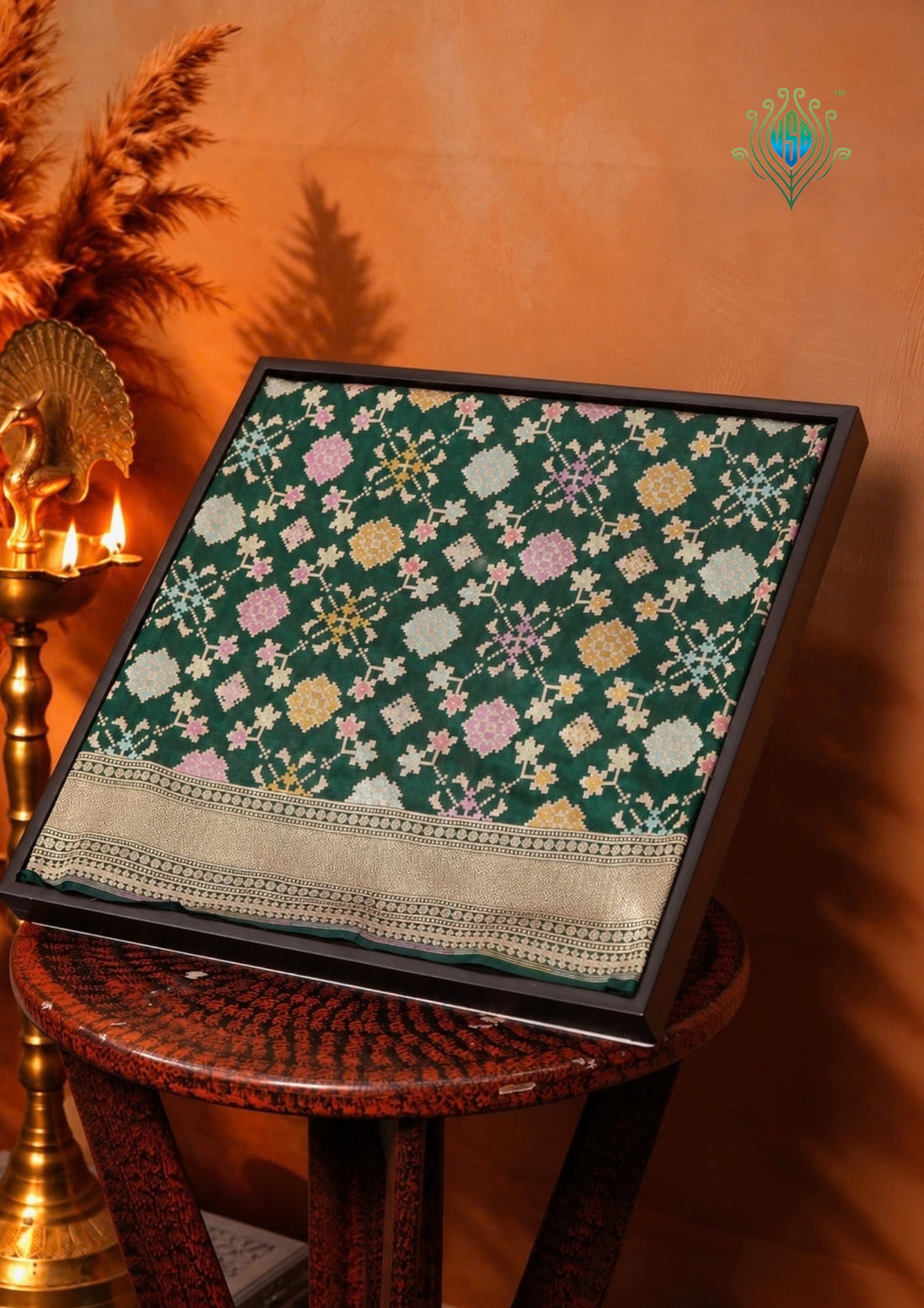VIRASAT 406: Bottle Green Pure Handloom Katan Silk Saree with All-Over Meenakari Work &amp; Zari Border-Pallu (Silk Mark Certified)