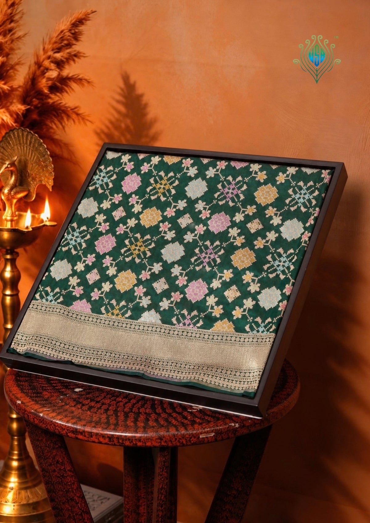 VIRASAT 406: Bottle Green Pure Handloom Katan Silk Saree with All-Over Meenakari Work &amp; Zari Border-Pallu (Silk Mark Certified)