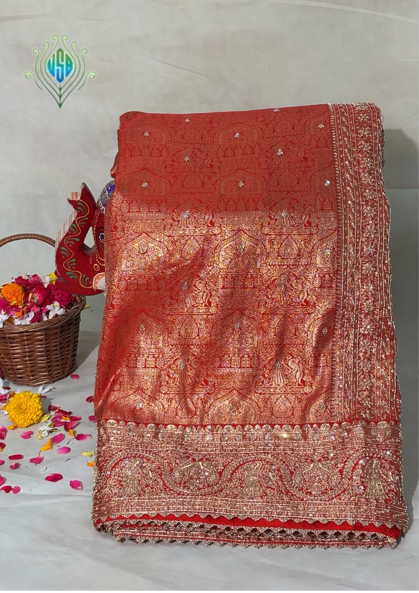 VIRASAT 379: Dulhan Red Brocade Silk Saree with Hand Zardozi Border Work