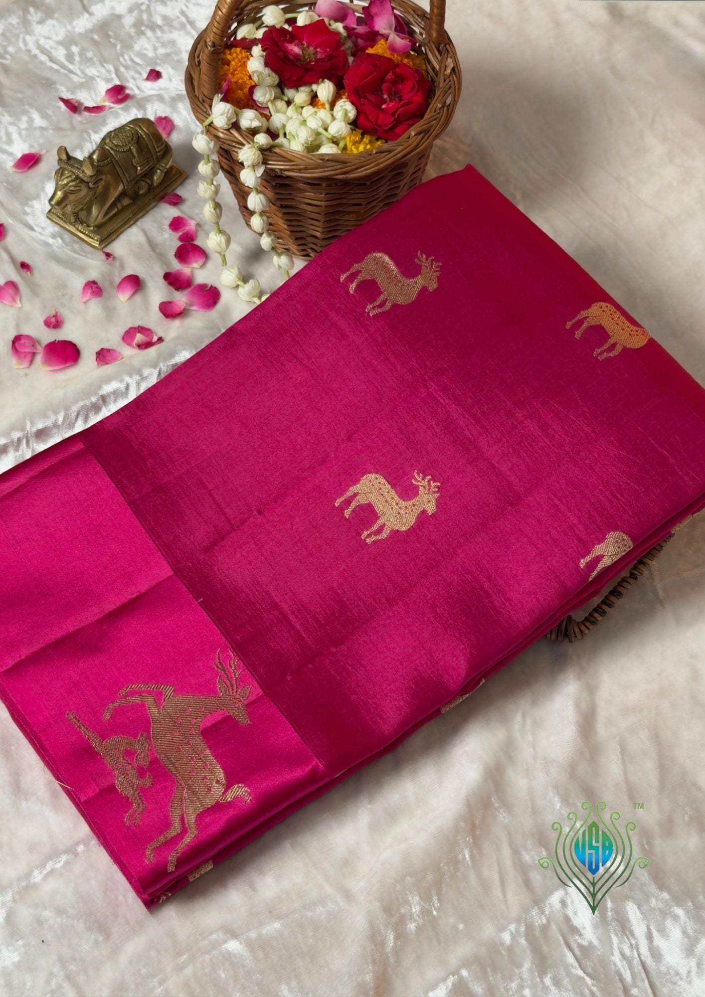 VIRASAT 370: Night Black Pure Mulberry Silk Saree with Gold Zari Animal Motifs