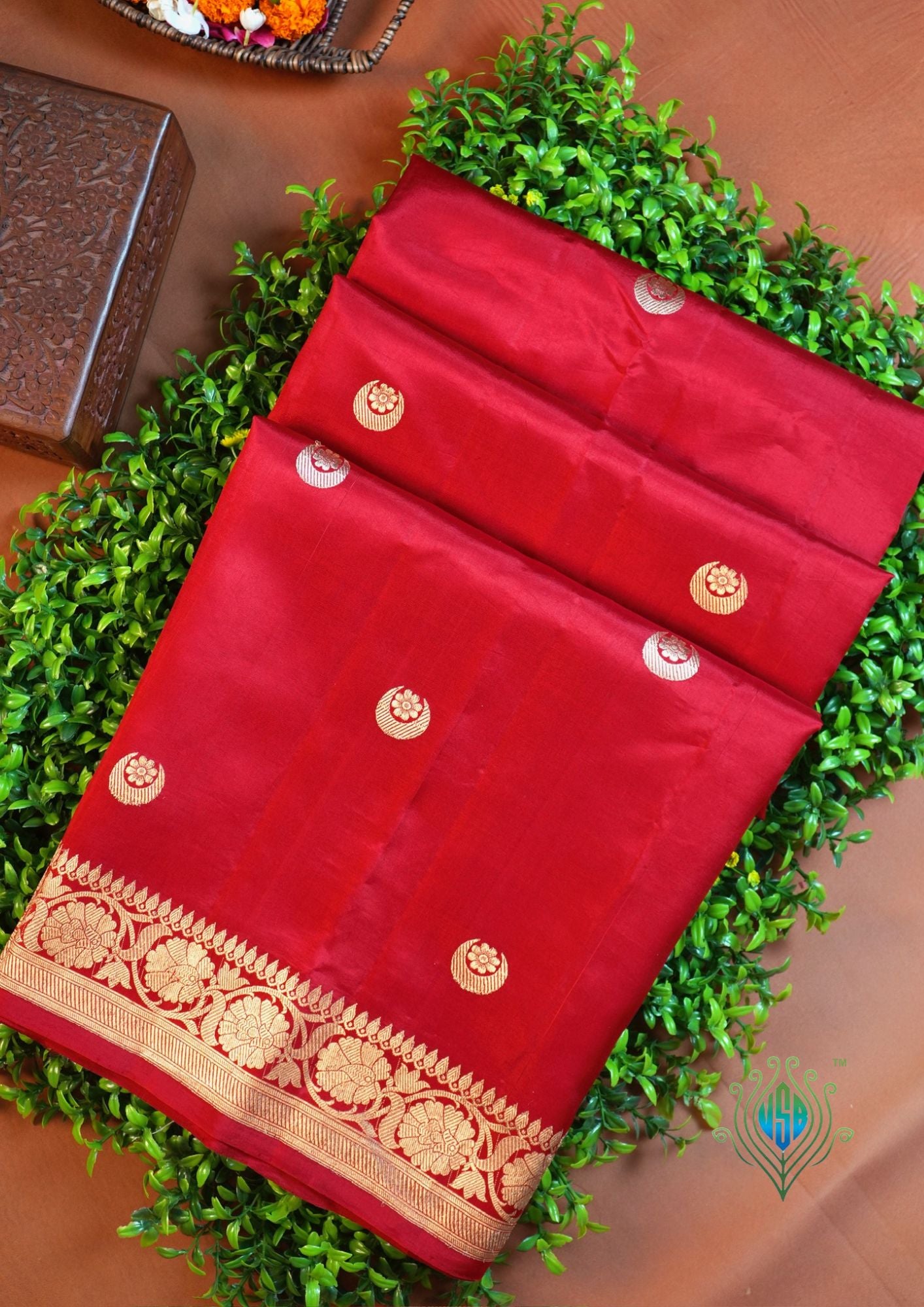 VIRASAT 166:  Pure Fine Handloom Silk Gold Zari Chand Buta Saree – Chatak Red