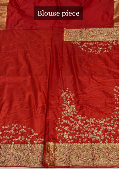 VIRASAT 379: Dulhan Red Brocade Silk Saree with Hand Zardozi Border Work