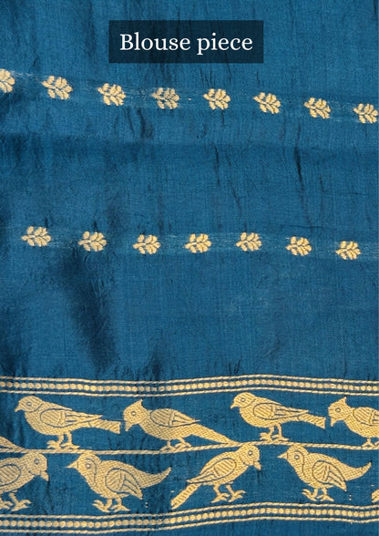 VIRASAT 372: Teal Blue Pure Mashru Silk Saree with Zari Bird Motifs