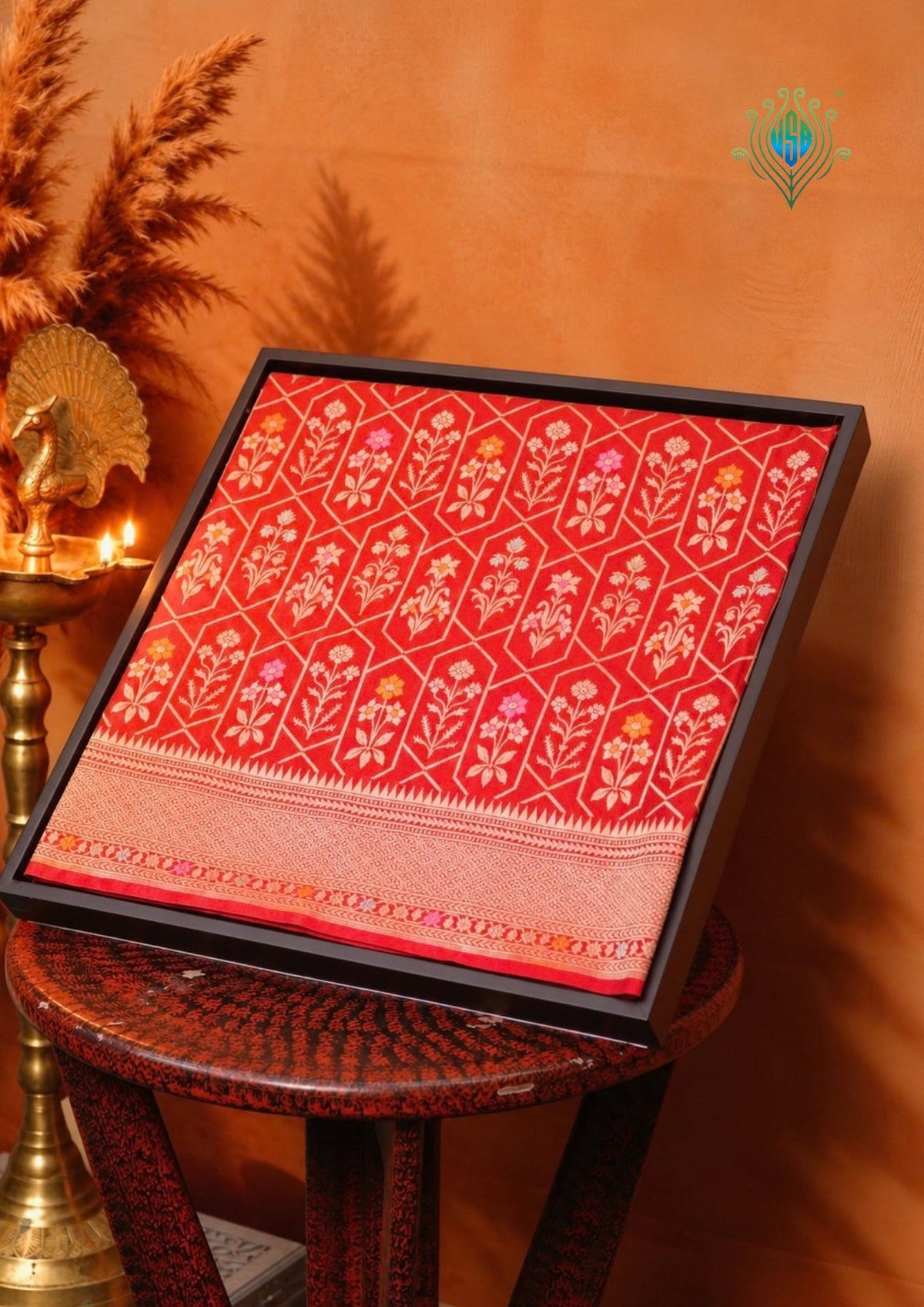 VIRASAT 410: Scarlet Red Pure Handloom Katan Silk Saree with All-Over Zari &amp; Meenakari Border-Pallu (Silk Mark Certified)