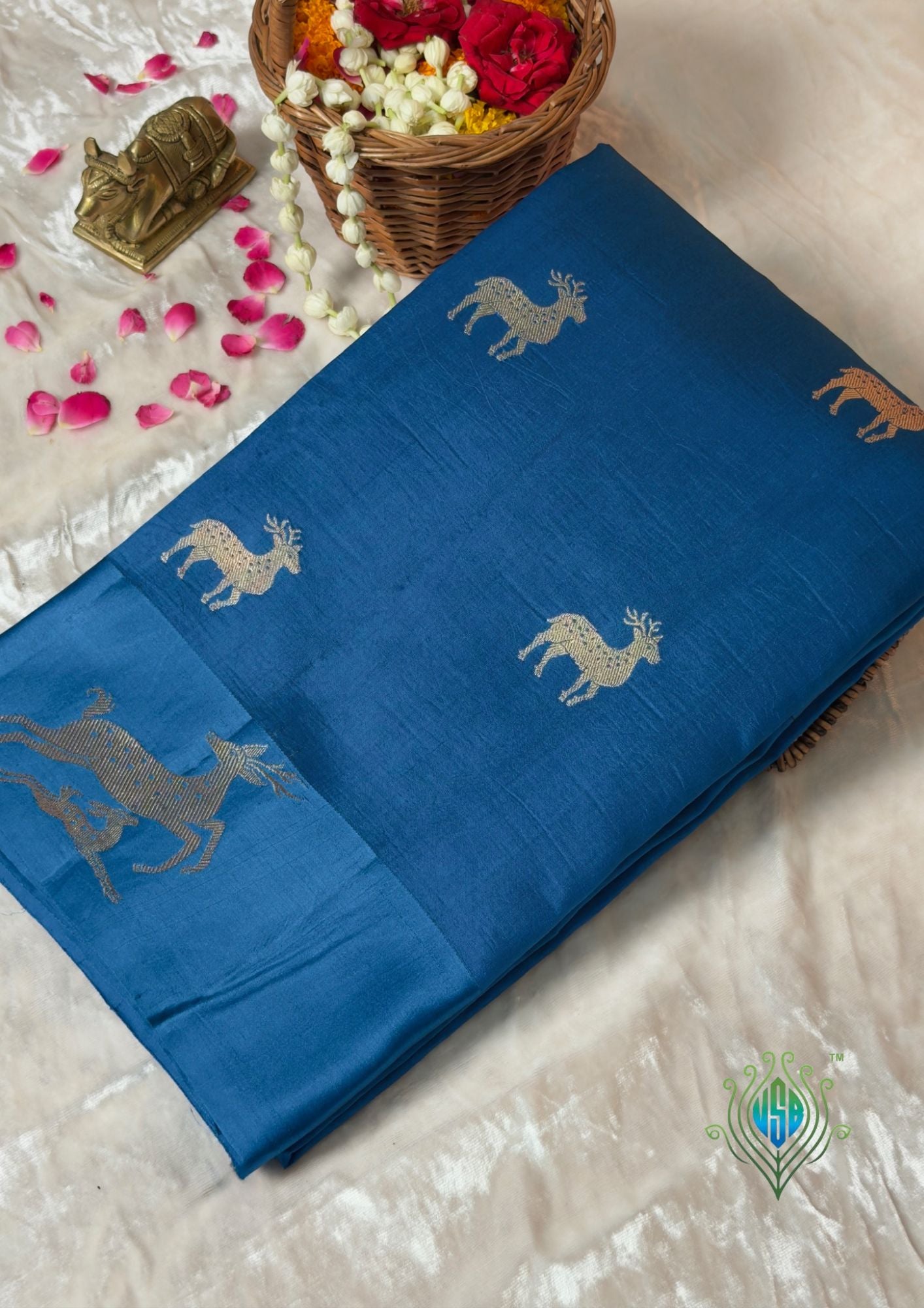 VIRASAT 370: Night Black Pure Mulberry Silk Saree with Gold Zari Animal Motifs