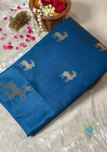 VIRASAT 370: Night Black Pure Mulberry Silk Saree with Gold Zari Animal Motifs