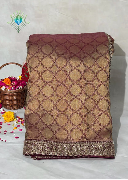 VIRASAT 386: Wine Brocade Tissue Silk Saree with Antique Zari Weaving &amp; Hand Zardozi Border
