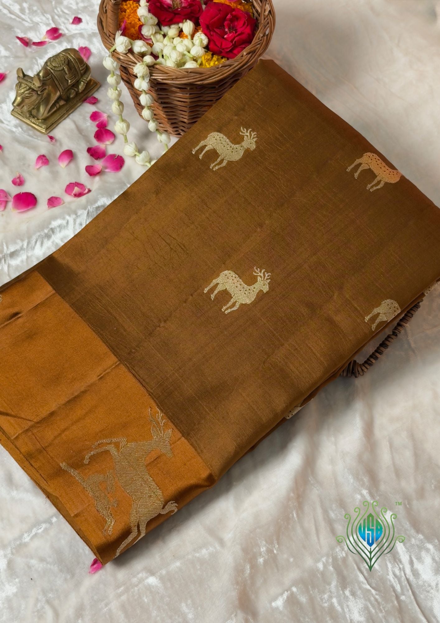VIRASAT 370: Night Black Pure Mulberry Silk Saree with Gold Zari Animal Motifs