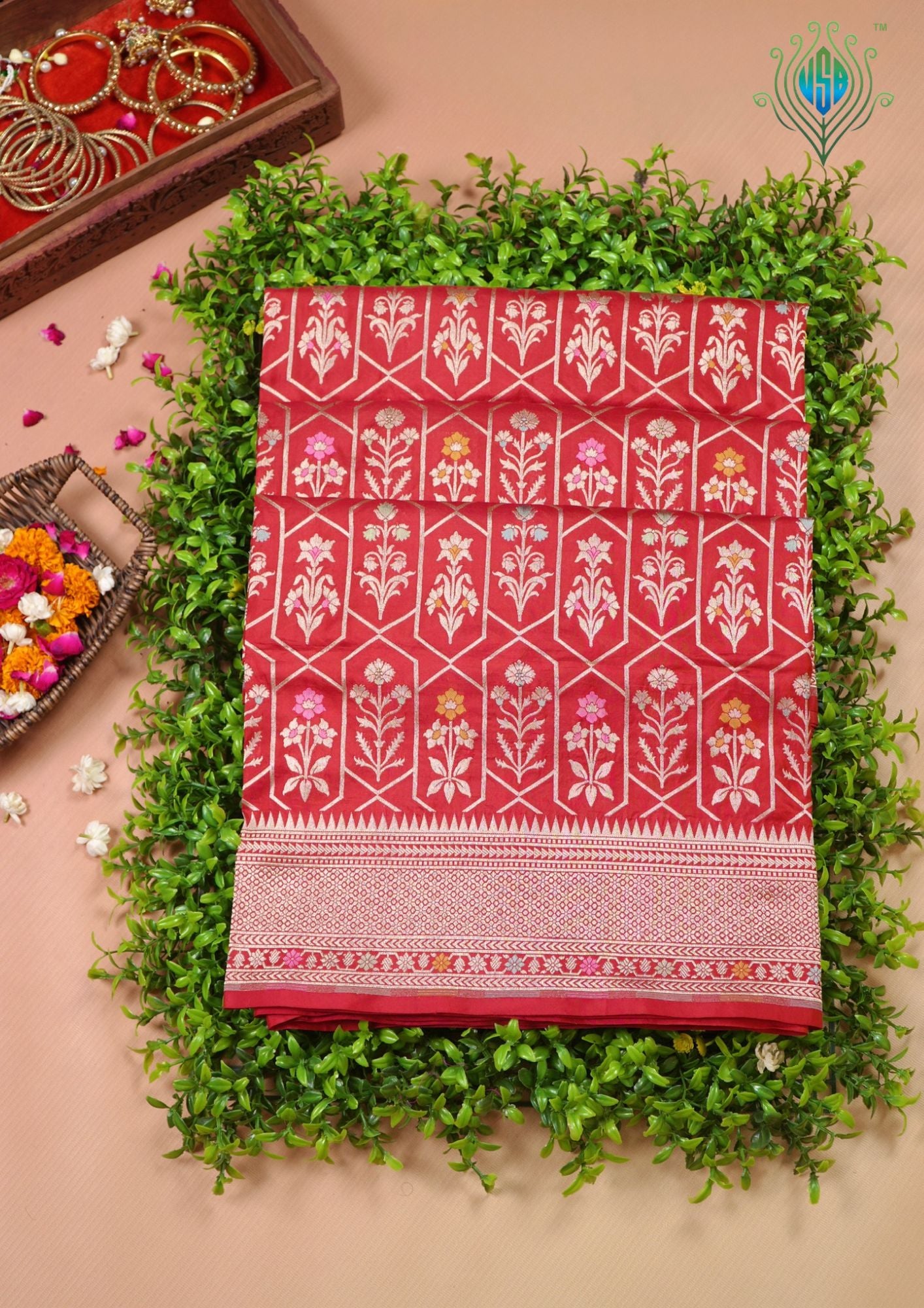 VIRASAT 410: Scarlet Red Pure Handloom Katan Silk Saree with All-Over Zari &amp; Meenakari Border-Pallu (Silk Mark Certified)