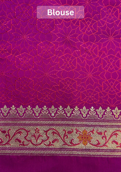 WAAH BANARAS 165A: Magenta Satin Mashru Silk Saree with Zari, Resham &amp; Meenakari Floral Border