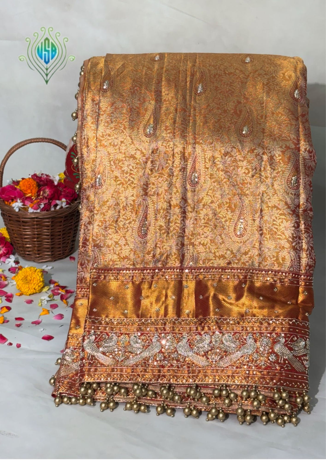 VIRASAT 381: Royal Gold Kanjivaram Silk Saree with Hand Mehreen Zardozi Work (Silk Mark Certified)