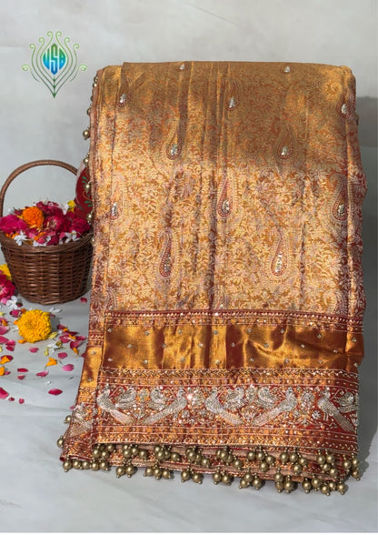 VIRASAT 381: Royal Gold Kanjivaram Silk Saree with Hand Mehreen Zardozi Work (Silk Mark Certified)