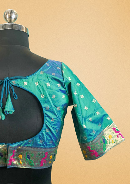 "RDM BL 010"  Banarasi Elegant Green Blouse with Peacock Zari Border & Back Tie Design