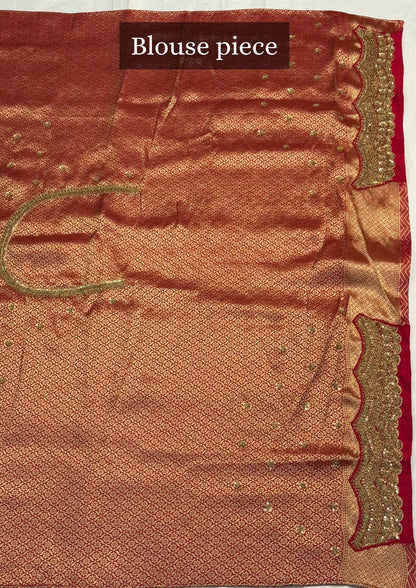 VIRASAT 385: Sunahara Laal Brocade Silk Saree with Gold Zari Jaal &amp; Hand Zardozi Scallop Work