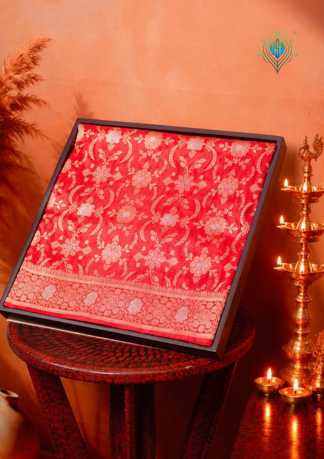 VIRASAT 433D: Pure Red Pure Katan Silk Alfi Saree with Sona Rupa Zari Floral Jaal &amp; Zari Border | Silk Mark Certified