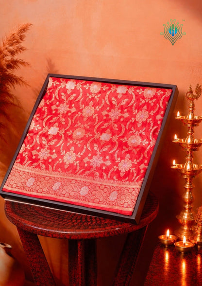 VIRASAT 433D: Pure Red Pure Katan Silk Alfi Saree with Sona Rupa Zari Floral Jaal &amp; Zari Border | Silk Mark Certified