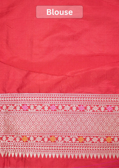 VIRASAT 410: Scarlet Red Pure Handloom Katan Silk Saree with All-Over Zari &amp; Meenakari Border-Pallu (Silk Mark Certified)