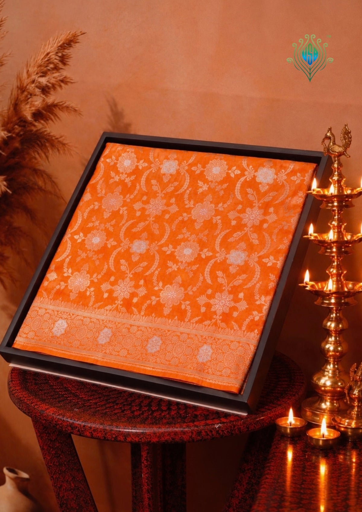 VIRASAT 433A: Safety Orange Pure Katan Silk Alfi Saree with Sona Rupa Zari Floral Jaal &amp; Zari Border | Silk Mark Certified