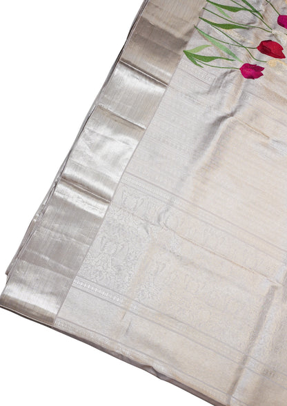 "Virasat 249" Banarasi Silver Pure Kanjivaram Silk Saree With Floral Handwoven Design
