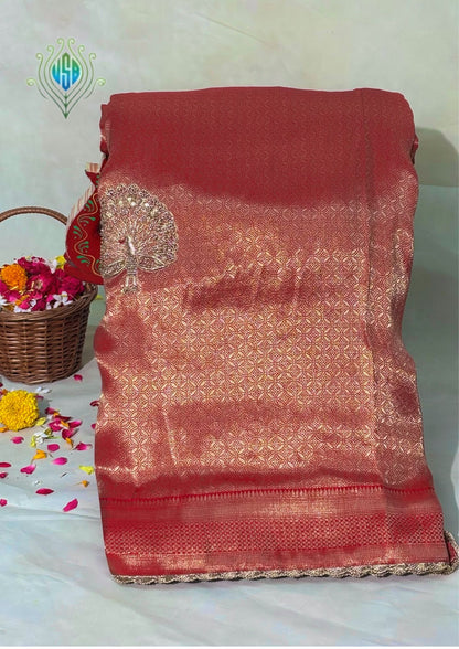 VIRASAT 383: Surkh Laal Brocade Silk Saree with Hand Zardozi Buta &amp; Subtle Gold Zari