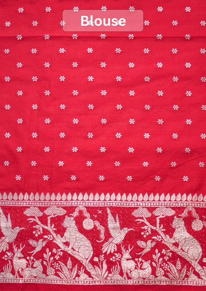 Waah Banaras 180B: Rich Red Semi Katan Silk Saree With Beautiful Bird Border