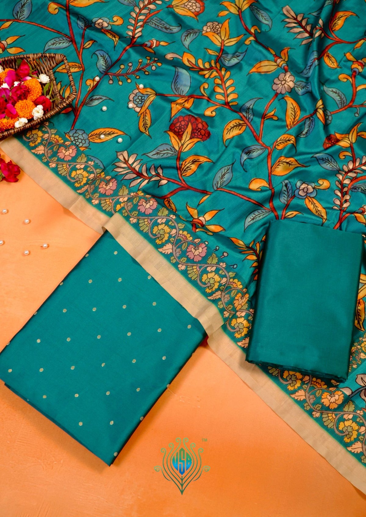 MANSI 178B: Dark Teal Green Banarasi Silk Suit Set with Soft Kalamkari Dupatta