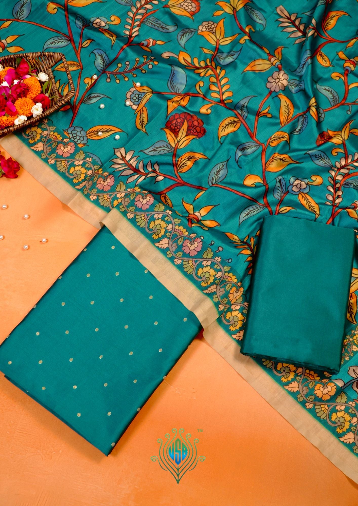 MANSI 178B: Dark Teal Green Banarasi Silk Suit Set with Soft Kalamkari Dupatta