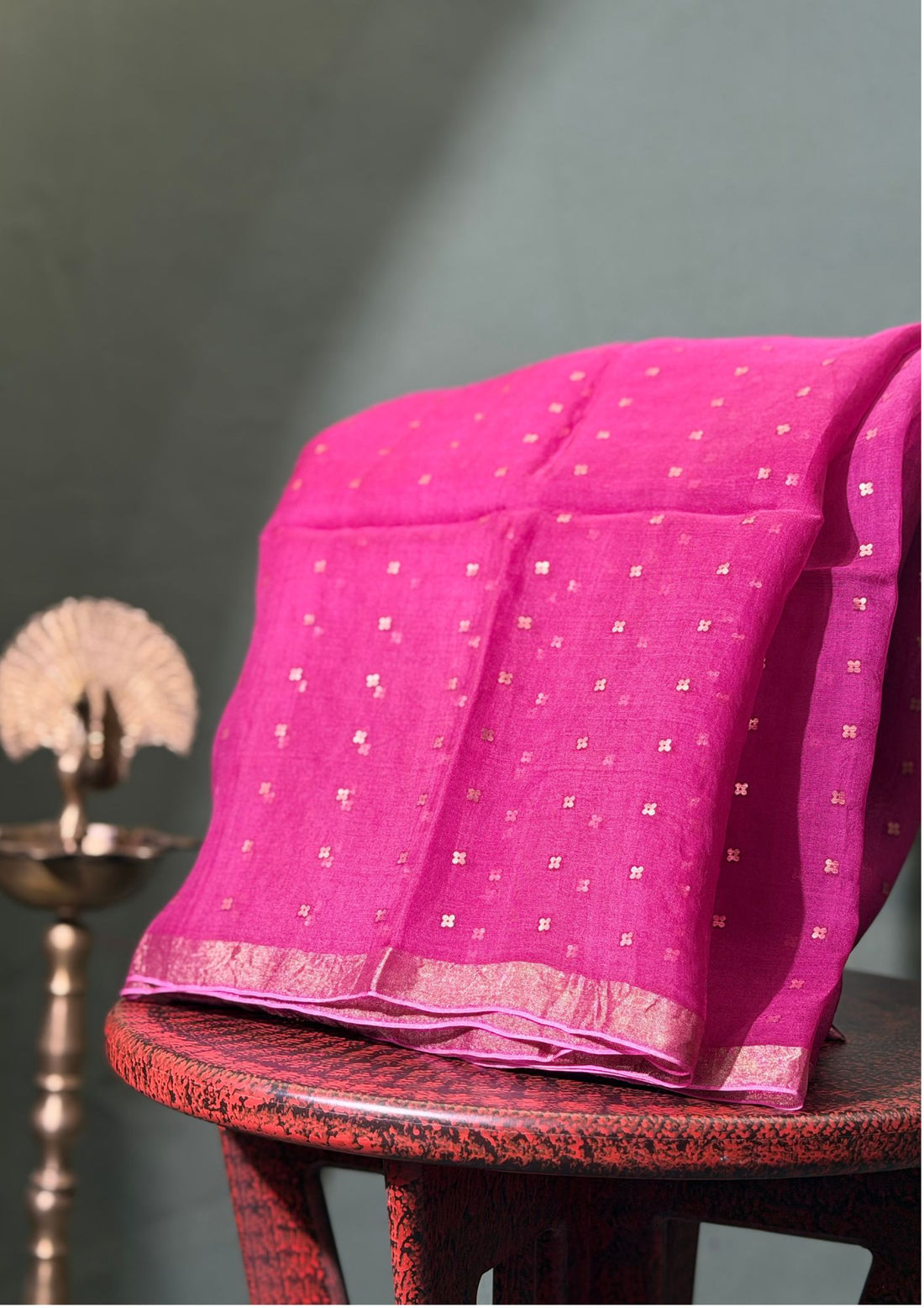 "Founder Choice 019" Banarasi Radiant Rani Pink Jamdani Kora Silk Saree With Zari Butis