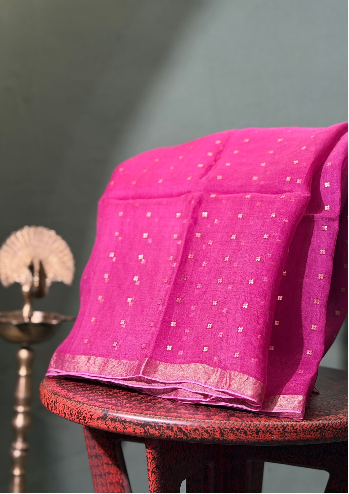 "Founder Choice 019" Banarasi Radiant Rani Pink Jamdani Kora Silk Saree With Zari Butis