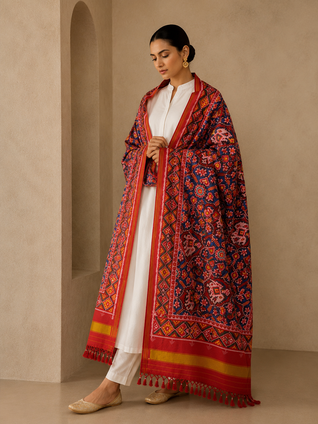 MCD 027: Beautiful Surkh Red Patola Silk Dupatta With Tassels And Standard Length