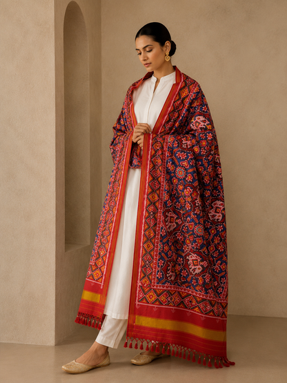 MCD 027: Beautiful Surkh Red Patola Silk Dupatta With Tassels And Standard Length